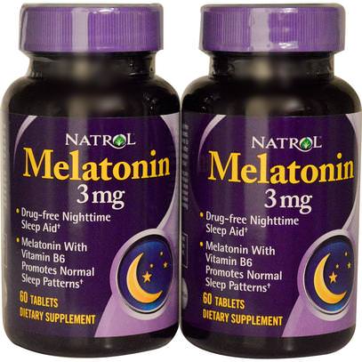 Natrol, Melatonin, 3 mg, 2 Bottles, 60 Tablets Each ,المكملات الغذائية، الميلاتونين 3 ملغ