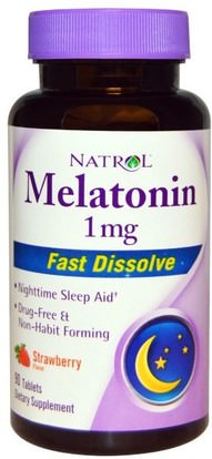 Natrol, Melatonin, Strawberry Flavor, 1 mg, 90 Tablets ,والمكملات الغذائية، والنوم، الميلاتونين