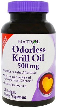 Natrol, Odorless Krill Oil, 500 mg, 30 Softgels ,المكملات الغذائية، إيفا أوميجا 3 6 9 (إيبا دا)، زيت الكريل