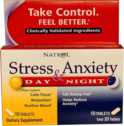 Natrol, Stress & Anxiety, Day & Nite, 10 Tablets Each ,المكملات الغذائية، الميلاتونين 3 ملغ