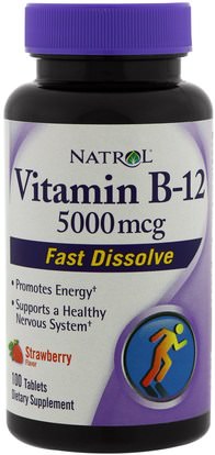 Natrol, Vitamin B-12, Fast Dissolve, Strawberry Flavor, 5000 mcg, 100 Tablets ,الفيتامينات، فيتامين ب
