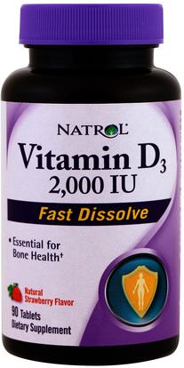 Natrol, Vitamin D3, Fast Dissolve, Natural Strawberry Flavor, 2,000 IU, 90 Tablets ,الفيتامينات، فيتامين d3