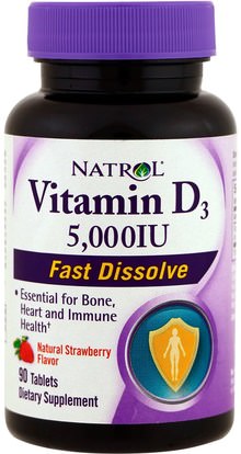 Natrol, Vitamin D3, Fast Dissolve, Natural Strawberry Flavor, 5,000 IU, 90 Tablets ,الفيتامينات، فيتامين d3