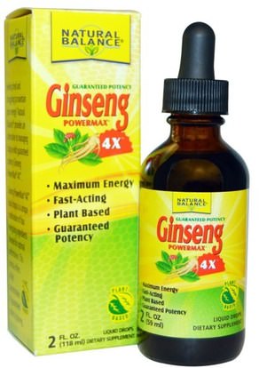 Natural Balance, Ginseng Powermax 4X, Unflavored Liquid Drops, 2 fl oz (59 ml) ,المكملات الغذائية، أدابتوغين، الانفلونزا الباردة والفيروسية، الجينسنغ السائل