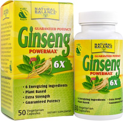 Natural Balance, Ginseng Powermax 6X, 50 Veggie Caps ,المكملات الغذائية، أدابتوغين، الانفلونزا الباردة والفيروسية، الجينسنغ