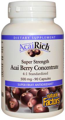 Natural Factors, AcaiRich, Acai Berry Concentrate, 500 mg, 90 Capsules ,المكملات الغذائية، مقتطفات الفاكهة، الفواكه السوبر، كبسولات أكاي سوفتغيلس