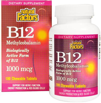 Natural Factors, B12, Methylcobalamin, 1000 mcg, 180 Chewable Tablets ,الفيتامينات، وفيتامين ب، وفيتامين ب 12، وفيتامين ب 12 - ميثيلكوبالامين