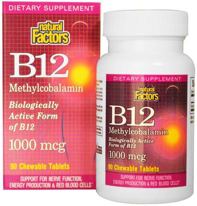 Natural Factors, B12, Methylcobalamin, 1000 mcg, 90 Chewable Tablets ,الفيتامينات، فيتامين ب، فيتامين ب 12