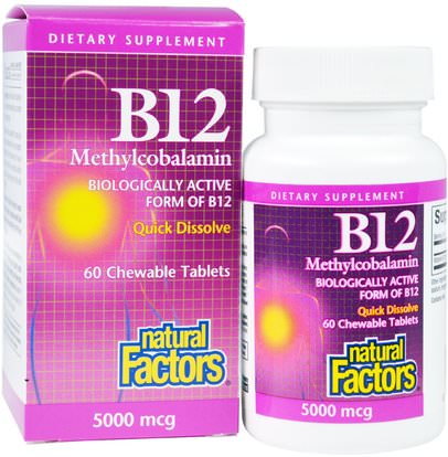 Natural Factors, B12, Methylcobalamin, 5000 mcg, 60 Chewable Tablets ,الفيتامينات، وفيتامين ب، وفيتامين ب 12، وفيتامين ب 12 - ميثيلكوبالامين