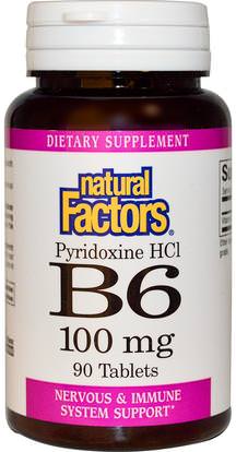 Natural Factors, B6, Pyridoxine HCl, 100 mg, 90 Tablets ,الفيتامينات، فيتامين ب، فيتامين b6 - البيريدوكسين