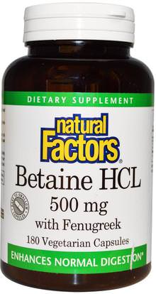 Natural Factors, Betaine HCL, with Fenugreek, 500 mg, 180 Veggie Caps ,المكملات الغذائية، بيتين هكل، الإنزيمات