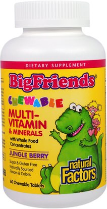 Natural Factors, Big Friends, Chewable Multi-Vitamin & Minerals, Jungle Berry, 60 Chewable Tablets ,الفيتامينات، الفيتامينات المتعددة، الأطفال الفيتامينات، المكملات الغذائية، المعادن