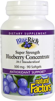 Natural Factors, BlueRich, Super Strength, Blueberry Concentrate, 500 mg, 90 Softgels ,الأعشاب، العنبية