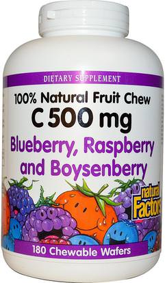 Natural Factors, C 500 mg, Blueberry, Raspberry and Boysenberry, 180 Chewable Wafers ,الفيتامينات، فيتامين ج، فيتامين ج مضغ