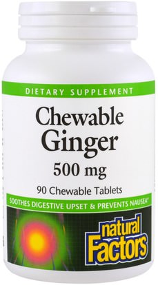 Natural Factors, Chewable Ginger, 500 mg, 90 Chewable Tablets ,الطعام، الوجبات الخفيفة، جذر الزنجبيل