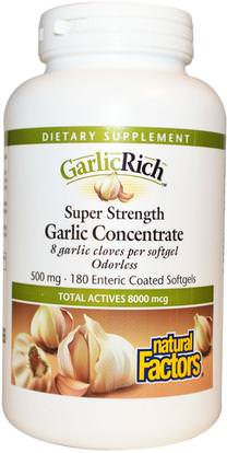 Natural Factors, GarlicRich, Super Strength, Garlic Concentrate, 500 mg, 180 Enteric Coated Softgels ,المكملات الغذائية، المضادات الحيوية، الثوم
