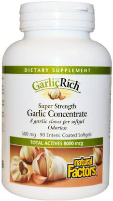 Natural Factors, GarlicRich, Super Stength, Garlic Concentrate, 500 mg, 90 Enteric Coated Softgels ,المكملات الغذائية، المضادات الحيوية، الثوم
