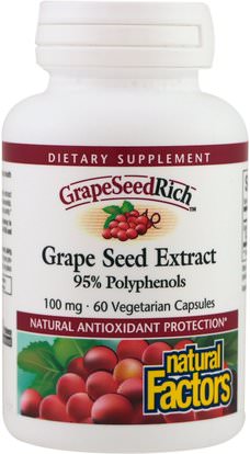 Natural Factors, Grape Seed Extract, 95% Polyphenols, 100 mg, 60 Vetegarian Capsules ,المكملات الغذائية، مضادات الأكسدة، استخراج بذور العنب
