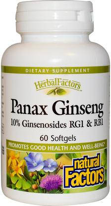 Natural Factors, HerbalFactors, Panax Ginseng, 60 Softgels ,المكملات الغذائية، أدابتوغين، الانفلونزا الباردة والفيروسية، الجينسنغ