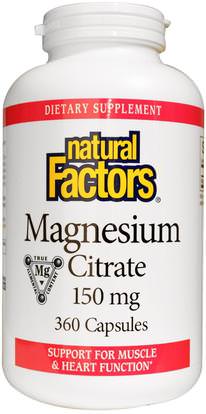 Natural Factors, Magnesium Citrate, 150 mg, 360 Capsules ,المكملات الغذائية، والمعادن، سيترات المغنيسيوم