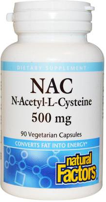 Natural Factors, NAC, N-Acetyl-L Cysteine, 500 mg, 90 Vegetarian Capsules ,المكملات الغذائية، والأحماض الأمينية، ناك (ن أستيل السيستين)