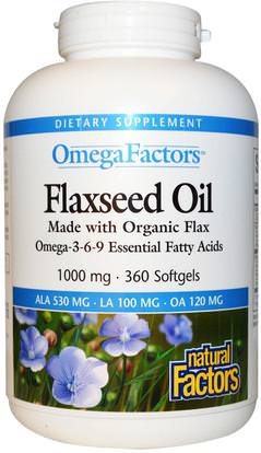 Natural Factors, Omega Factors, Flaxseed Oil, 1000 mg, 360 Softgels ,المكملات الغذائية، إيفا أوميجا 3 6 9 (إيبا دا)، زيت الكتان، الكتان سوفتغيلس النفط