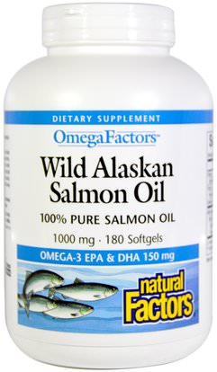 Natural Factors, Omega Factors, Wild Alaskan Salmon Oil, 1,000 mg, 180 Softgels ,المكملات الغذائية، إيفا أوميجا 3 6 9 (إيبا دا)، زيت السلمون، سوفتغيلس زيت السمك