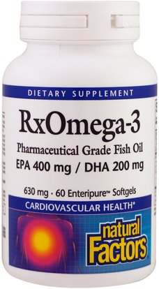 Natural Factors, RxOmega-3, 630 mg, 60 Enteripure Softgels ,المكملات الغذائية، إيفا أوميجا 3 6 9 (إيبا دا)، زيت السمك