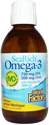 Natural Factors, SeaRich Omega-3, 750 mg EPA/500 mg DHA, with Vitamin D3, Lemon Meringue, 6.76 fl oz (200 ml) ,المكملات الغذائية، إيفا أوميجا 3 6 9 (إيبا دا)، زيت السمك السائل