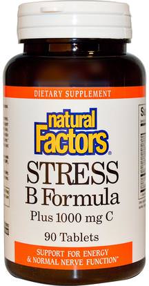 Natural Factors, Stress B Formula, Plus 1000 mg C, 90 Tablets ,الفيتامينات، فيتامين ب، فيتامين ب معقدة، ب مكافحة الإجهاد