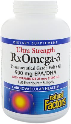 Natural Factors, Ultra Strength, RxOmega-3, with Vitamin D3, 900 mg EPA/DHA, 150 Enteripure Softgels ,المكملات الغذائية، إيفا أوميجا 3 6 9 (إيبا دا)، دا، إيبا، أوميغا 369 قبعات / علامات التبويب