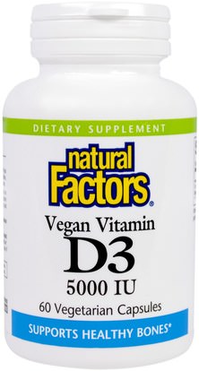 Natural Factors, Vegan Vitamin D3, 5000 IU, 60 Veggie Caps ,الفيتامينات، فيتامين d3، العظام، هشاشة العظام