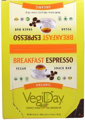 Natural Factors, VegiDay, Organic Snack Bar, Breakfast Espresso, 12 Bars, 1.41 oz (40 g) Each ,والرياضة، والبروتين أشرطة