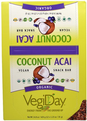 Natural Factors, VegiDay, Organic Snack Bar, Coconut Acai, 12 Bars, 1.23 oz (35 g) Each ,والرياضة، والبروتين أشرطة