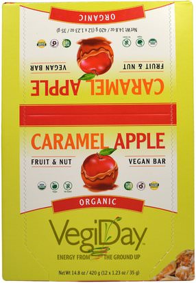 Natural Factors, VegiDay, Organic Vegan Bar, Caramel Apple, 12 Bars, 1.23 oz (35 g) Each ,والرياضة، والبروتين أشرطة
