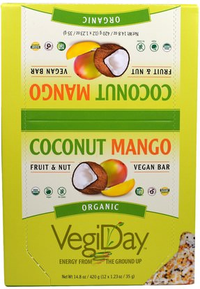 Natural Factors, VegiDay, Organic Vegan Bar, Coconut Mango, 12 Bars, 1.23 oz (35 g) Each ,والرياضة، والبروتين أشرطة