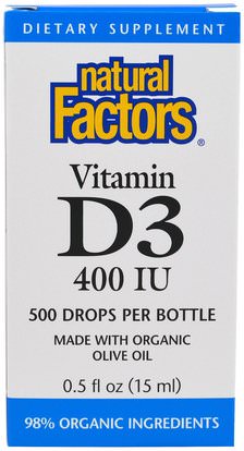 Natural Factors, Vitamin D3 Drops, 400 IU, 0.5 fl oz (15 ml) ,الفيتامينات، فيتامين d3، فيتامين d3 السائل