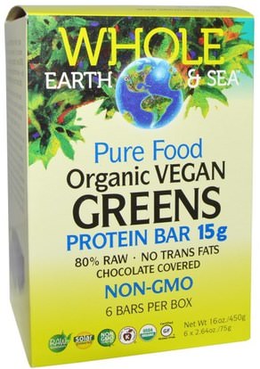 Natural Factors, Whole Earth & Sea, Pure Food Organic Vegan Greens Protein Bars, Chocolate Covered, 6 Bars, 2.64 oz (75 g) Each ,والرياضة، والبروتين أشرطة