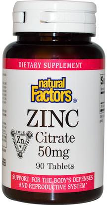 Natural Factors, Zinc Citrate, 50 mg, 90 Tablets ,المكملات الغذائية، المعادن، الزنك