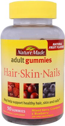 Nature Made, Adult Gummies, Hair, Skin and Nails, Mixed Berry, Cranberry & Blueberry, 90 Gummies ,الصحة، المرأة، مكملات الشعر، مكملات الأظافر، مكملات الجلد