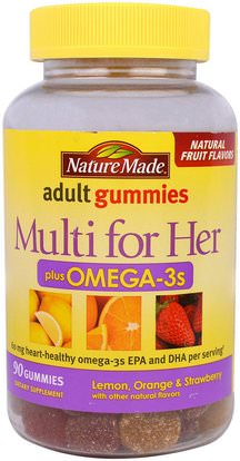 Nature Made, Adult Gummies, Multi For Her Plus Omega-3s, Lemon, Orange & Strawberry Flavors, 90 Gummies ,المكملات الغذائية، إيفا أوميجا 3 6 9 (إيبا دا)، أوميغا 369 غوميس، الفيتامينات، الفيتامينات المتعددة، الفيتامينات غوميز