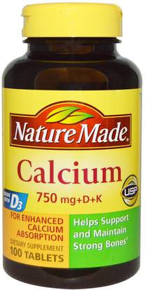 Nature Made, Calcium 750 mg +D + K, 100 Tablets ,المكملات الغذائية، والمعادن، والكالسيوم