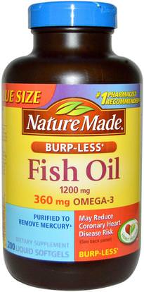 Nature Made, Fish Oil, Burp-Less, 1200 mg, 200 Liquid Softgels ,المكملات الغذائية، إيفا أوميجا 3 6 9 (إيبا دا)، زيت السمك، سوفتغيلس زيت السمك