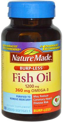 Nature Made, Fish Oil, Omega-3, Burp-Less, 1200 mg, 60 Liquid Softgels ,المكملات الغذائية، إيفا أوميجا 3 6 9 (إيبا دا)، زيت السمك، سوفتغيلس زيت السمك