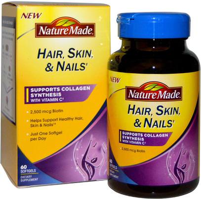 Nature Made, Hair, Skin, & Nails, 60 Softgels ,الصحة، المرأة، مكملات الشعر، مكملات الأظافر، مكملات الجلد