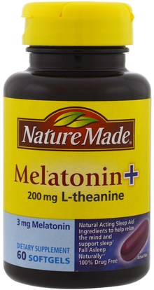 Nature Made, Melatonin + L-Theanine, 200 mg, 60 Softgels ,المكملات الغذائية، الميلاتونين، والنوم