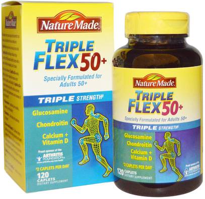 Nature Made, Triple Flex 50+, Triple Strength, 120 Caplets ,المكملات الغذائية، الجلوكوزامين، الصحة، العظام، هشاشة العظام، الصحة المشتركة