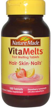 Nature Made, VitaMelts Hair, Skin and Nails, Strawberry Lemonade, 100 Tablets ,الصحة، المرأة، مكملات الشعر، مكملات الأظافر، مكملات الجلد