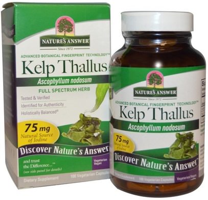 Natures Answer, Kelp Thallus, 75 mg, 100 Vegetarian Capsules ,المكملات الغذائية، المعادن، اليود، الطحالب المختلفة، عشب البحر