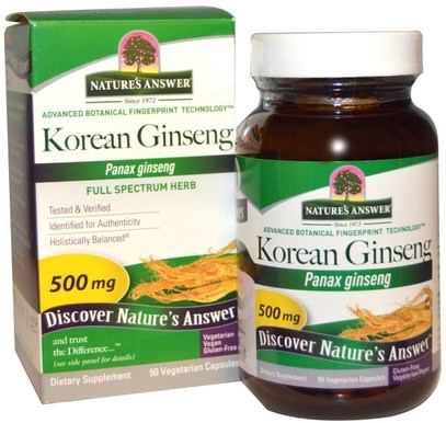 Natures Answer, Korean Ginseng, 500 mg, 50 Vegetarian Capsules ,المكملات الغذائية، أدابتوغين، الانفلونزا الباردة والفيروسية، الجينسنغ الكورية